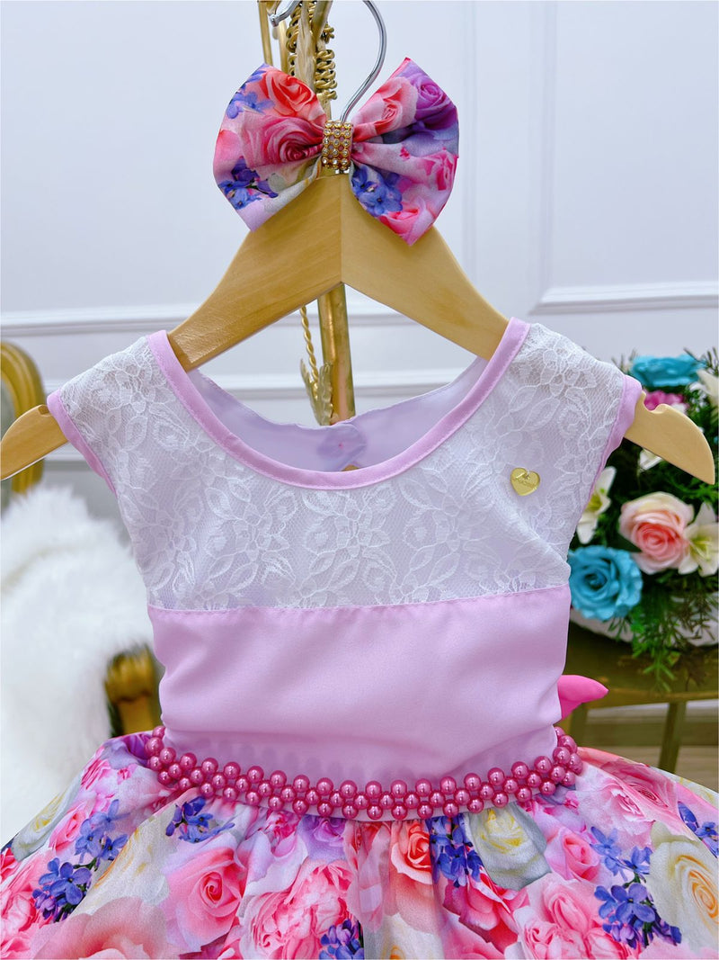 Vestido Infantil Rosa Florido C/ Laço e Cinto Pérolas Luxo