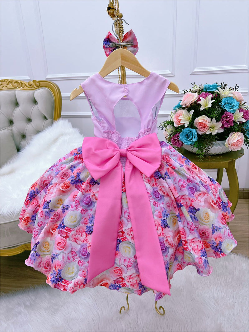 Vestido Infantil Rosa Florido C/ Laço e Cinto Pérolas Luxo