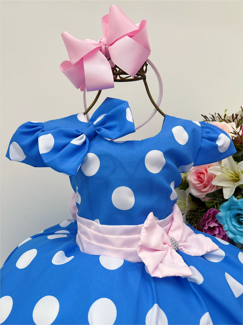 Vestido Infantil Galinha Pintadinha Azul Bolinhas Tule Rosa Laço