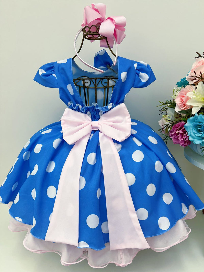 Vestido Infantil Galinha Pintadinha Azul Bolinhas Tule Rosa Laço