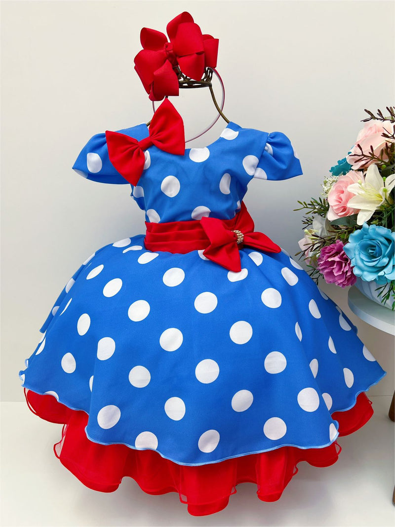 Vestido Infantil Galinha Pintadinha Azul Bolinhas Tule Laço