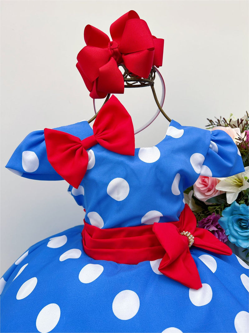 Vestido Infantil Galinha Pintadinha Azul Bolinhas Tule Laço