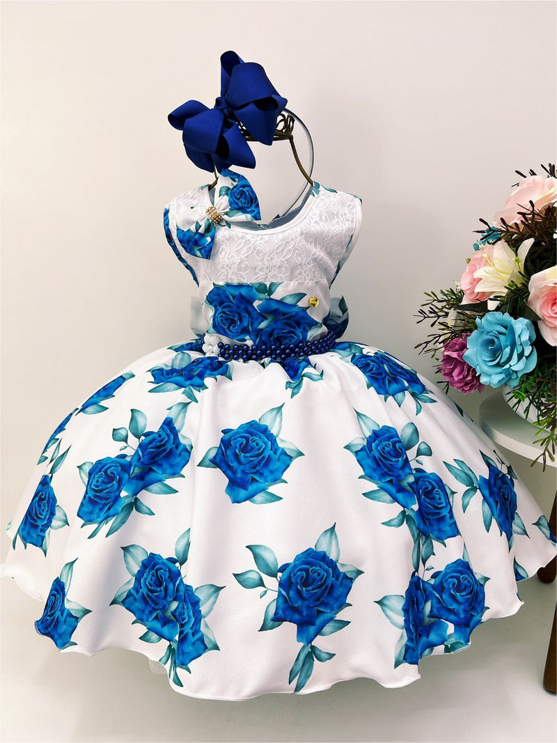 Vestido Infantil Off Rosas Azuis Laço Cinto Pérolas Luxo