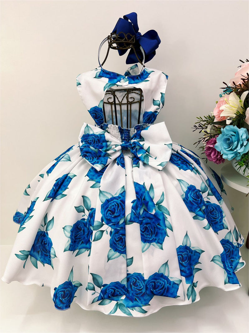 Vestido Infantil Off Rosas Azuis Laço Cinto Pérolas Luxo