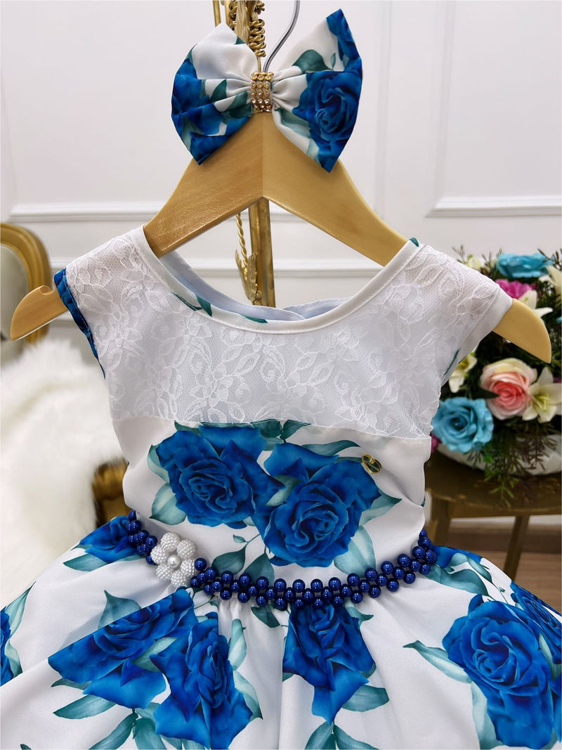 Vestido Infantil Off Rosas Azuis Laço Cinto Pérolas Luxo