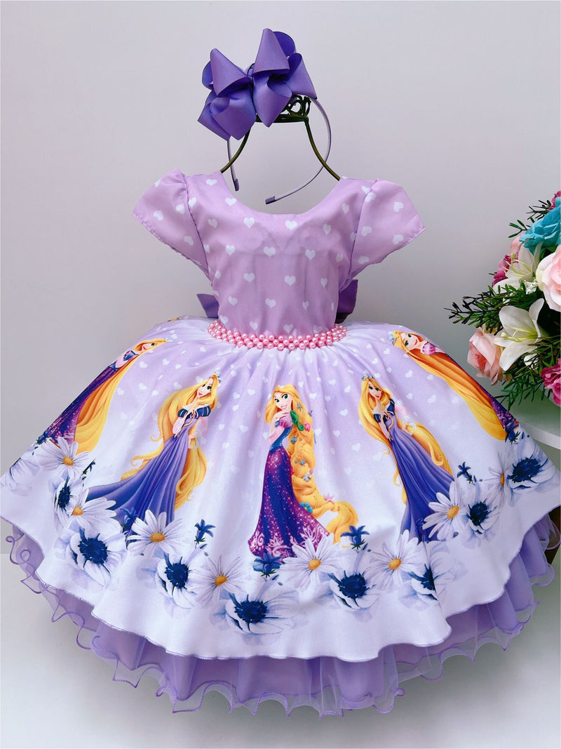 Vestido Infantil Rapunzel Lilás Com Pérolas Princesas Festas