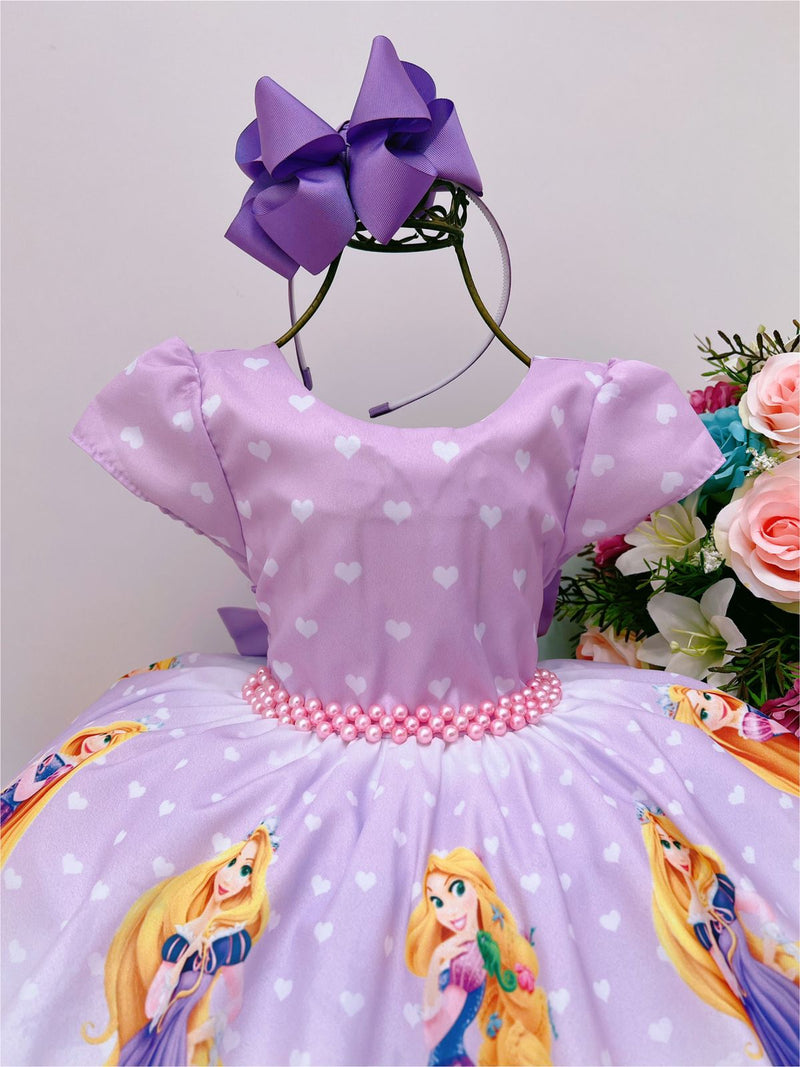 Vestido Infantil Rapunzel Lilás Com Pérolas Princesas Festas