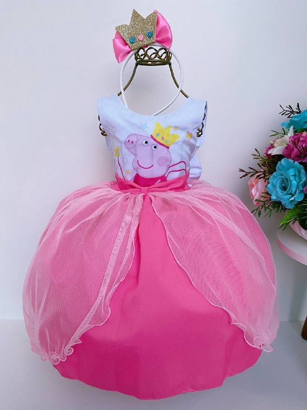 Vestido Infantil Peppa Pig Rosa com Tiara (109PP)