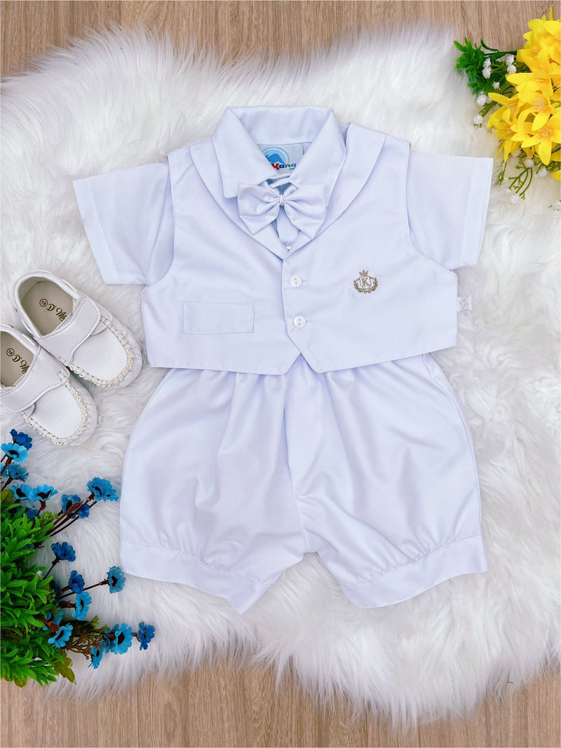 Conjunto Social Short Camisa Gravata Branco Com Suspensório (3328B)