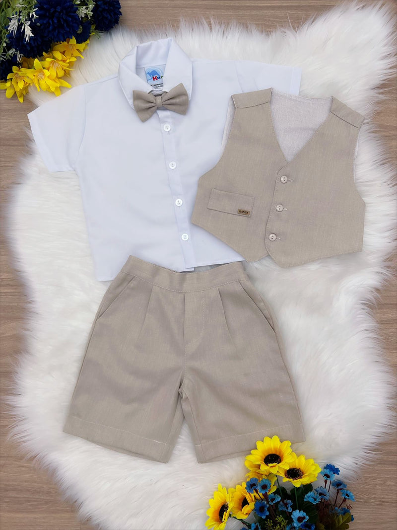 Conjunto Social Short Camisa Colete Gravata Bege (3348B)