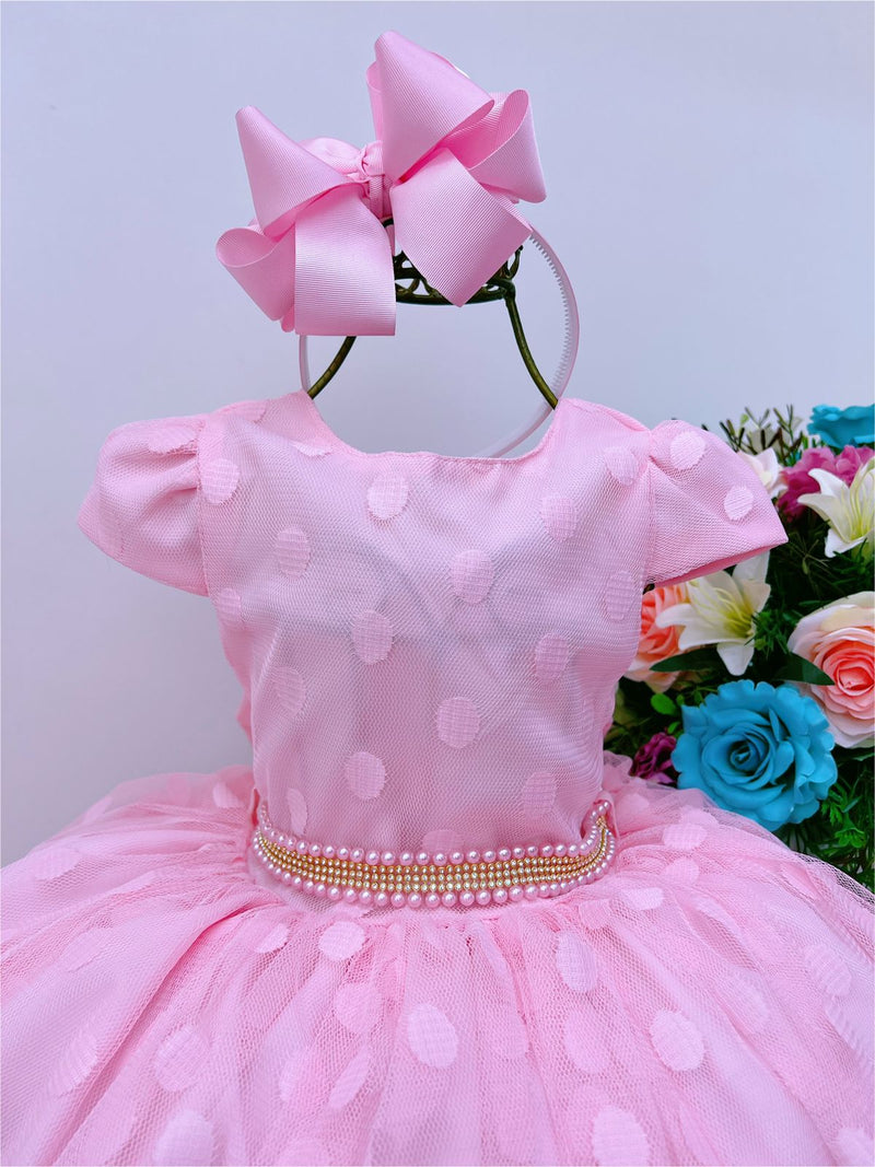 Vestido Infantil Rosa Bolinhas Cinto Strass C/ Pérolas Luxo