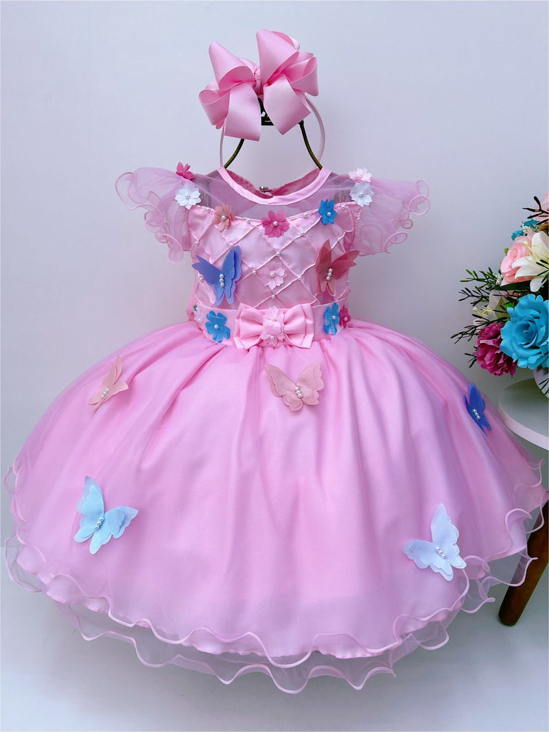 Vestido Infantil Rosa Aplique Borboletas e Flores Luxo