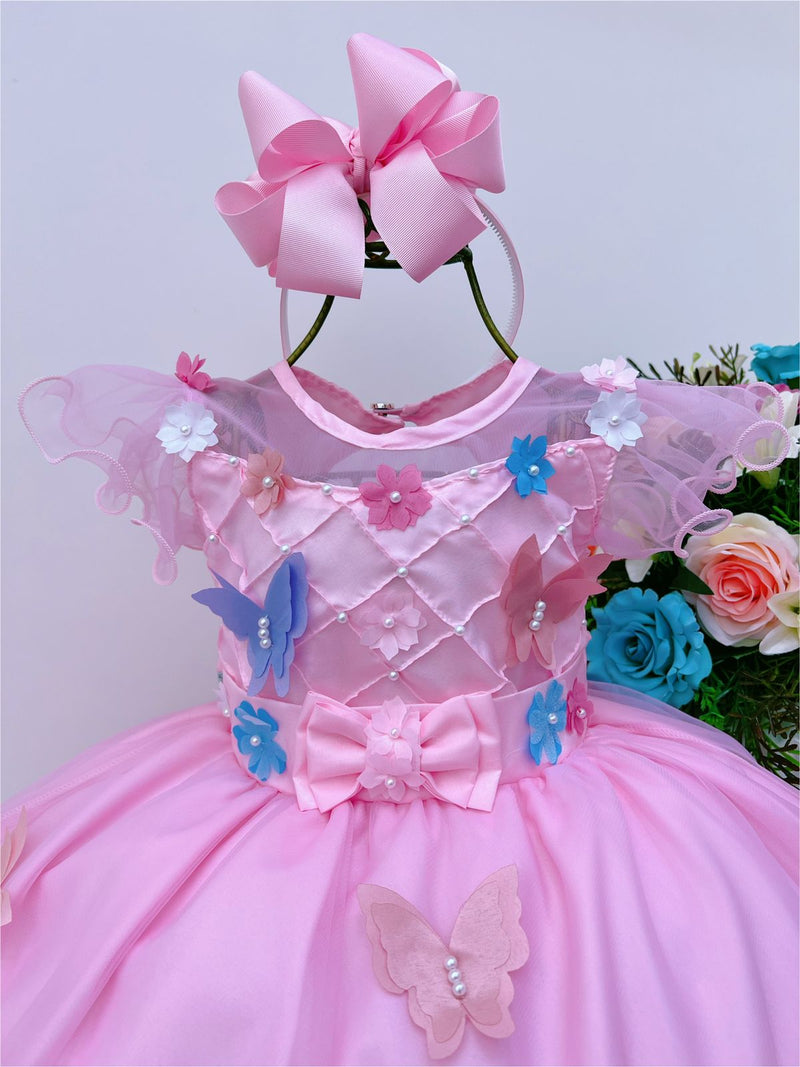 Vestido Infantil Rosa Aplique Borboletas e Flores Luxo