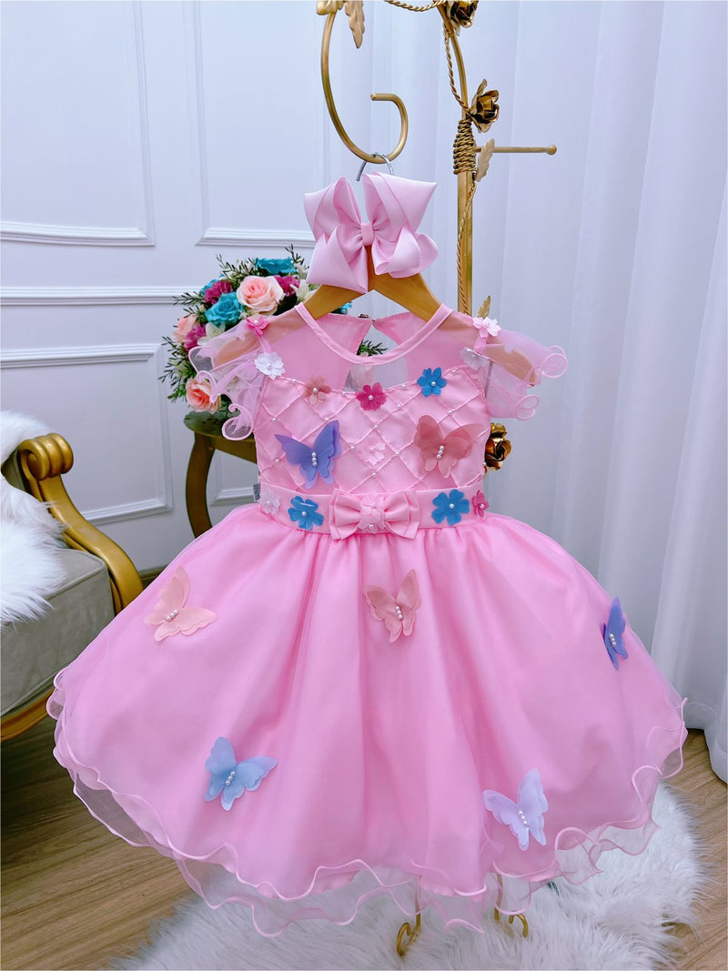 Vestido Infantil Rosa Aplique Borboletas e Flores Luxo