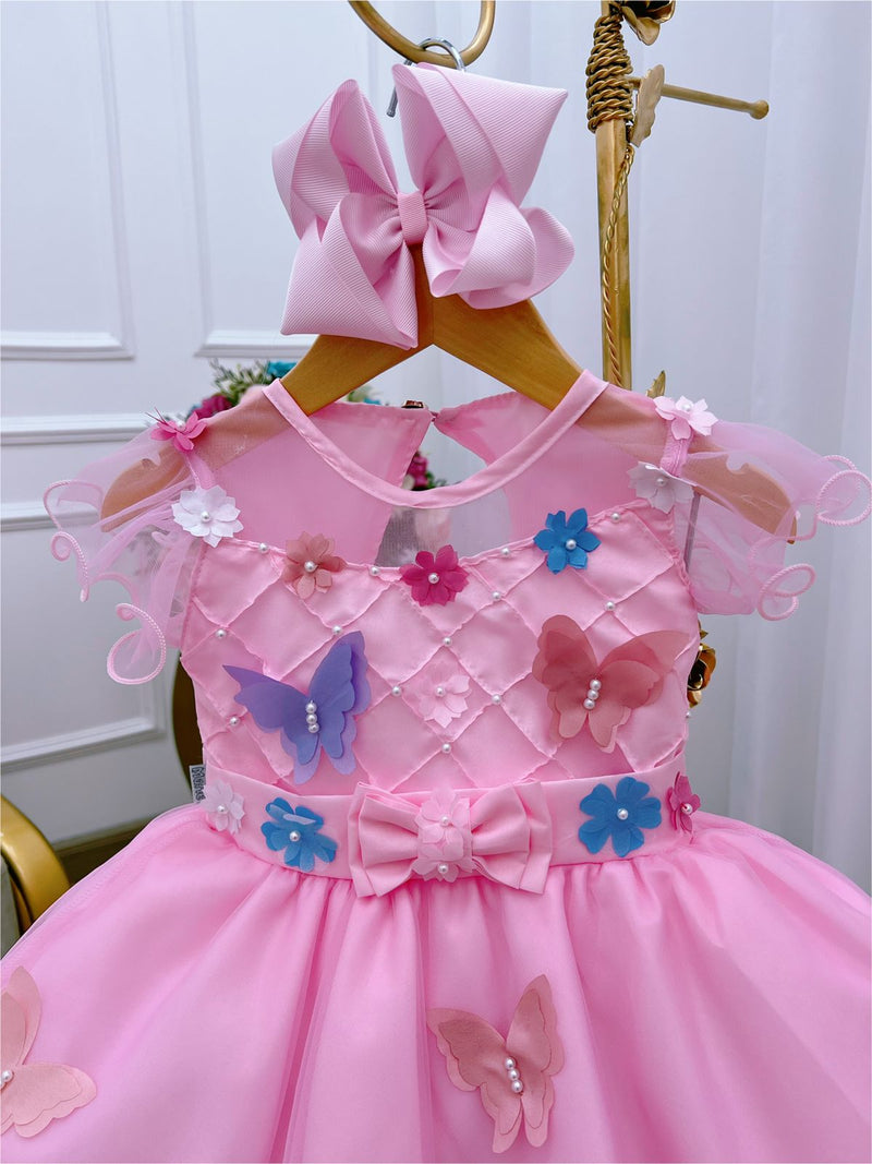 Vestido Infantil Rosa Aplique Borboletas e Flores Luxo