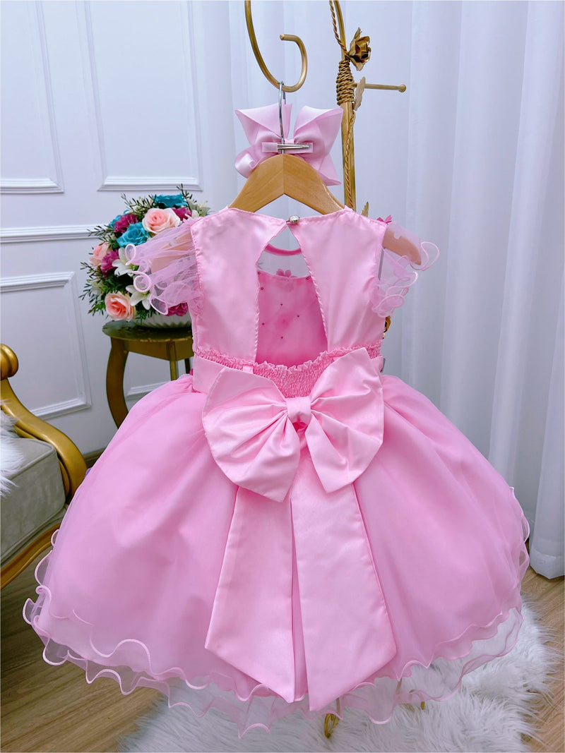 Vestido Infantil Rosa Aplique Borboletas e Flores Luxo