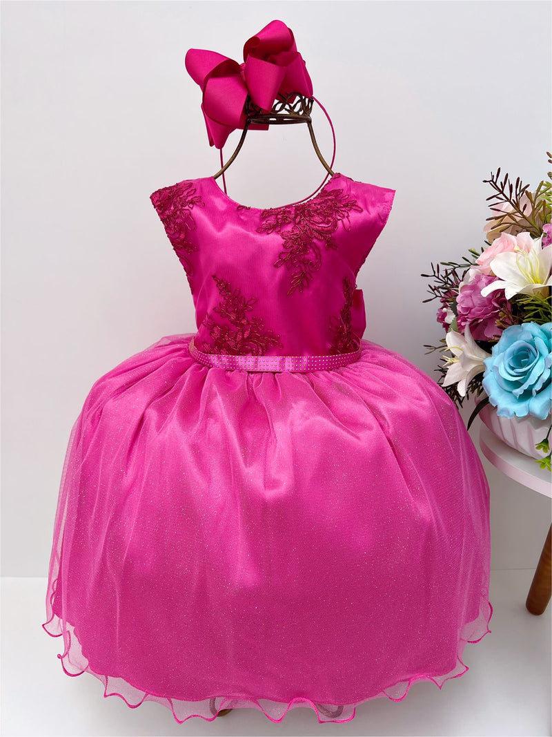 Vestido Infantil Rosa Chiclete Renda Cinto Strass Brilho