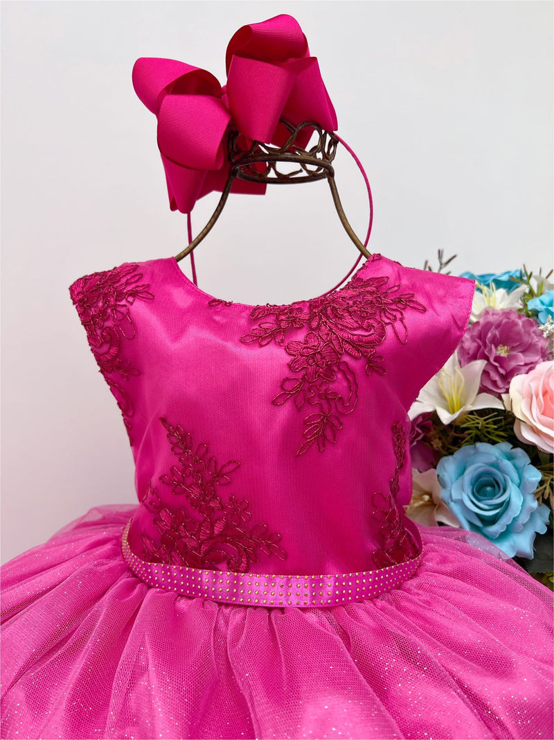 Vestido Infantil Rosa Chiclete Renda Cinto Strass Brilho