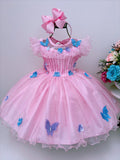 Vestido Infantil Rosa Aplique Borboletas Super Brilho Luxo