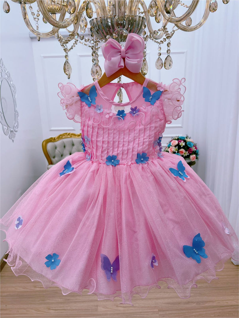 Vestido Infantil Rosa Aplique Borboletas Super Brilho Luxo