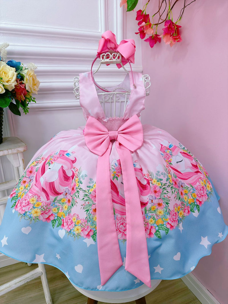 Vestido Infantil Rosa Unicórnio Festas de Aniversário Luxo