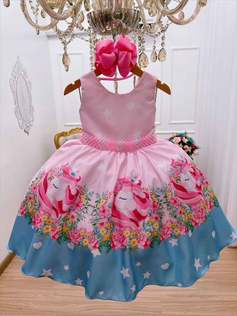 Vestido Infantil Rosa Unicórnio Festas de Aniversário Luxo