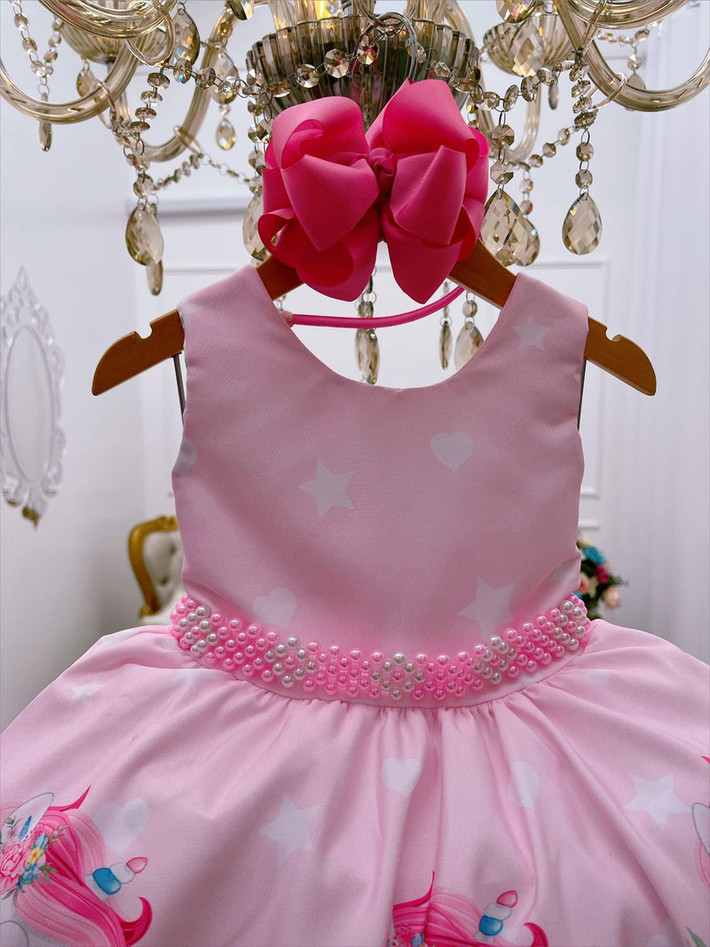 Vestido Infantil Rosa Unicórnio Festas de Aniversário Luxo