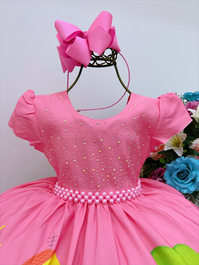 Vestido Infantil Peppa Pig Rosa chiclete Strass C/ Máscara Luxo