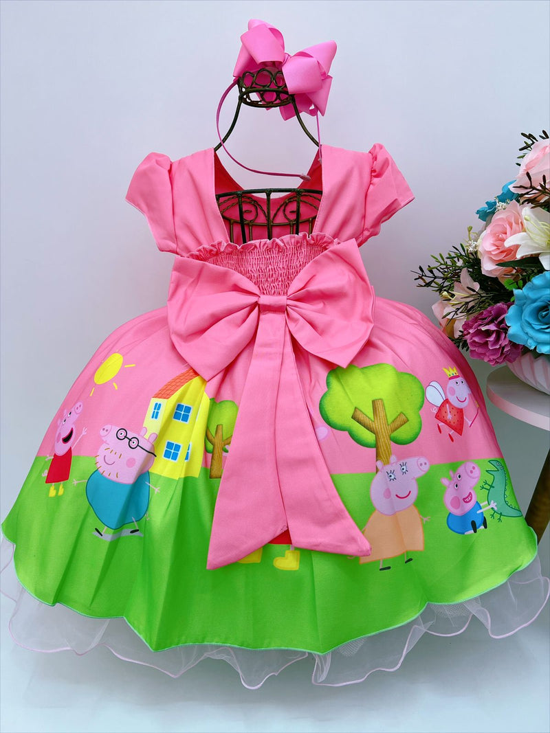 Vestido Infantil Peppa Pig Rosa chiclete Strass C/ Máscara Luxo