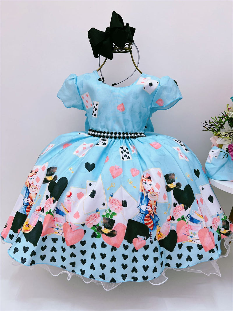 Vestido Infantil Azul Alice no País das Maravilhas Pérolas