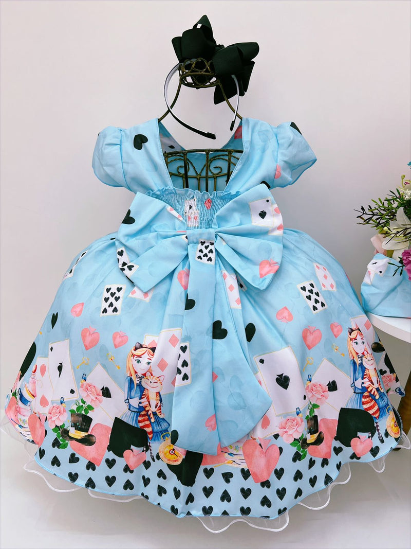 Vestido Infantil Azul Alice no País das Maravilhas Pérolas