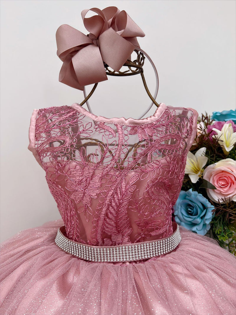 Vestido Infantil Rosé Renda e Tule C/ Brilho Luxo