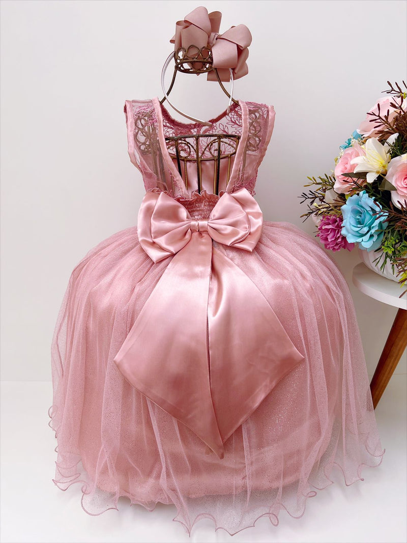 Vestido Infantil Rosé Renda e Tule C/ Brilho Luxo