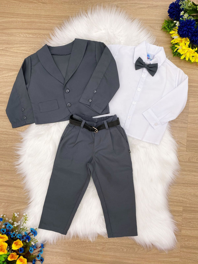 Conjunto Social Calça Camisa Blazer e Gravata Cinza e Branco