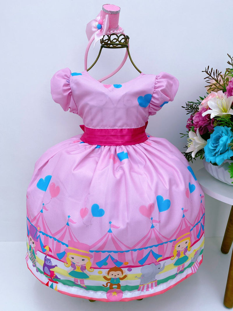 Vestido Infantil Rosa Circo Corações Laço Rosa Super Luxo