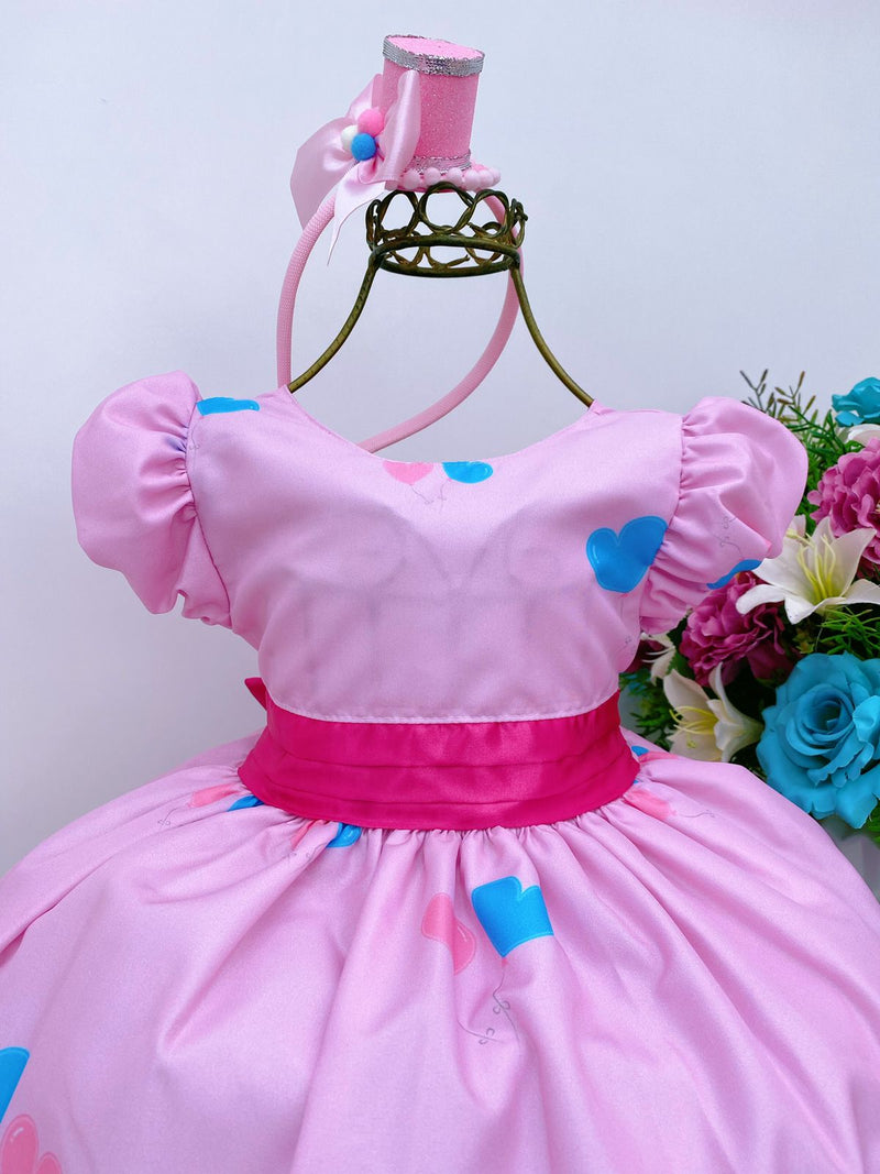 Vestido Infantil Rosa Circo Corações Laço Rosa Super Luxo