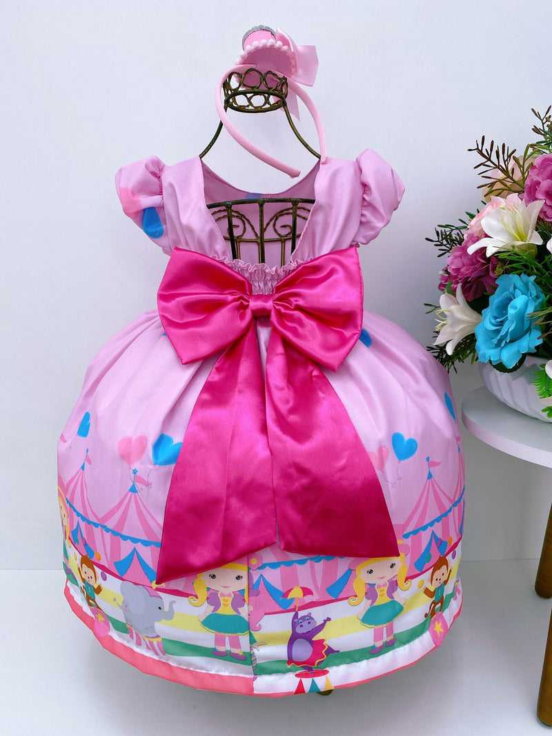 Vestido Infantil Rosa Circo Corações Laço Rosa Super Luxo