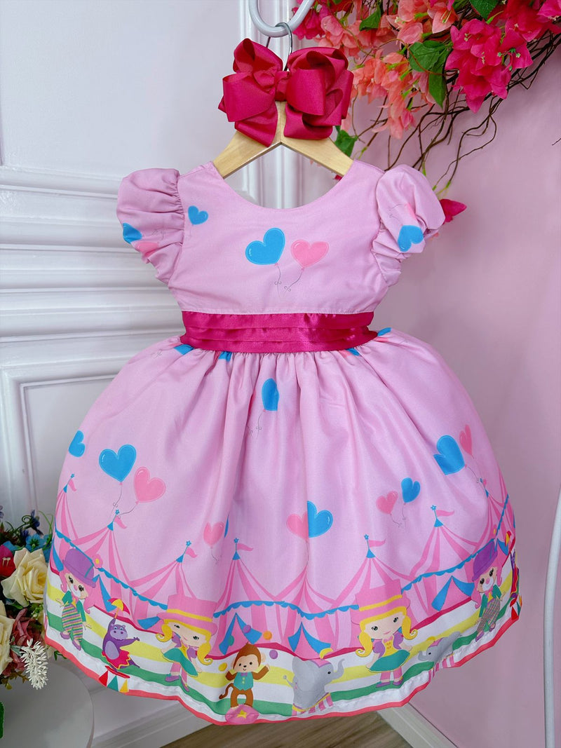 Vestido Infantil Rosa Circo Corações Laço Rosa Super Luxo