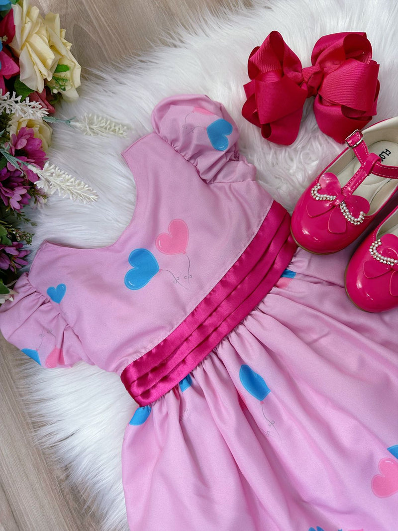 Vestido Infantil Rosa Circo Corações Laço Rosa Super Luxo