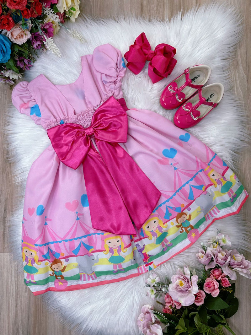 Vestido Infantil Rosa Circo Corações Laço Rosa Super Luxo