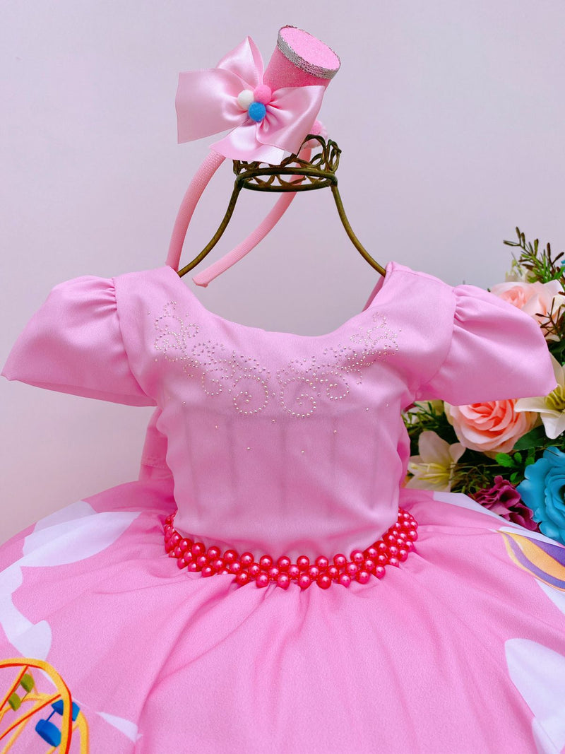 Vestido Infantil Circo Rosa Cinto Pérolas Strass Luxo