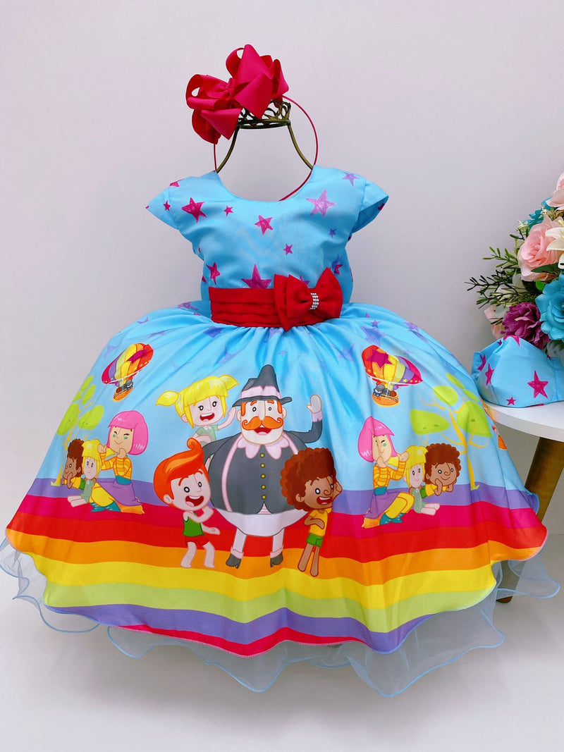 Vestido Infantil Mundo Bita Azul Rosa Estrelas Luxo