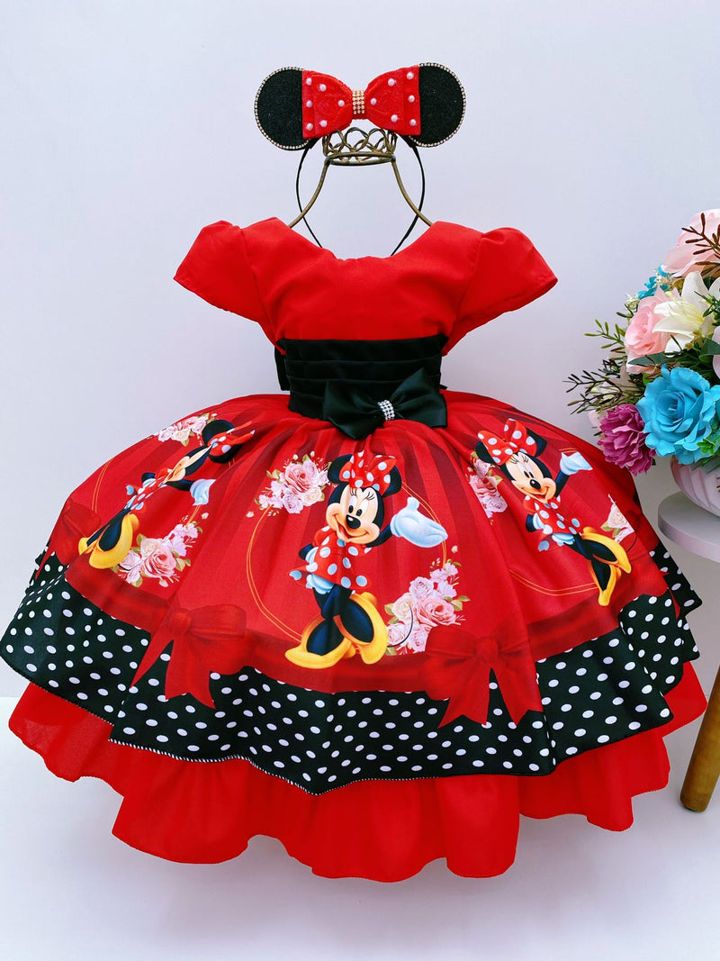 Vestido Infantil Minnie Vermelha Cinto Preto Strass Luxo