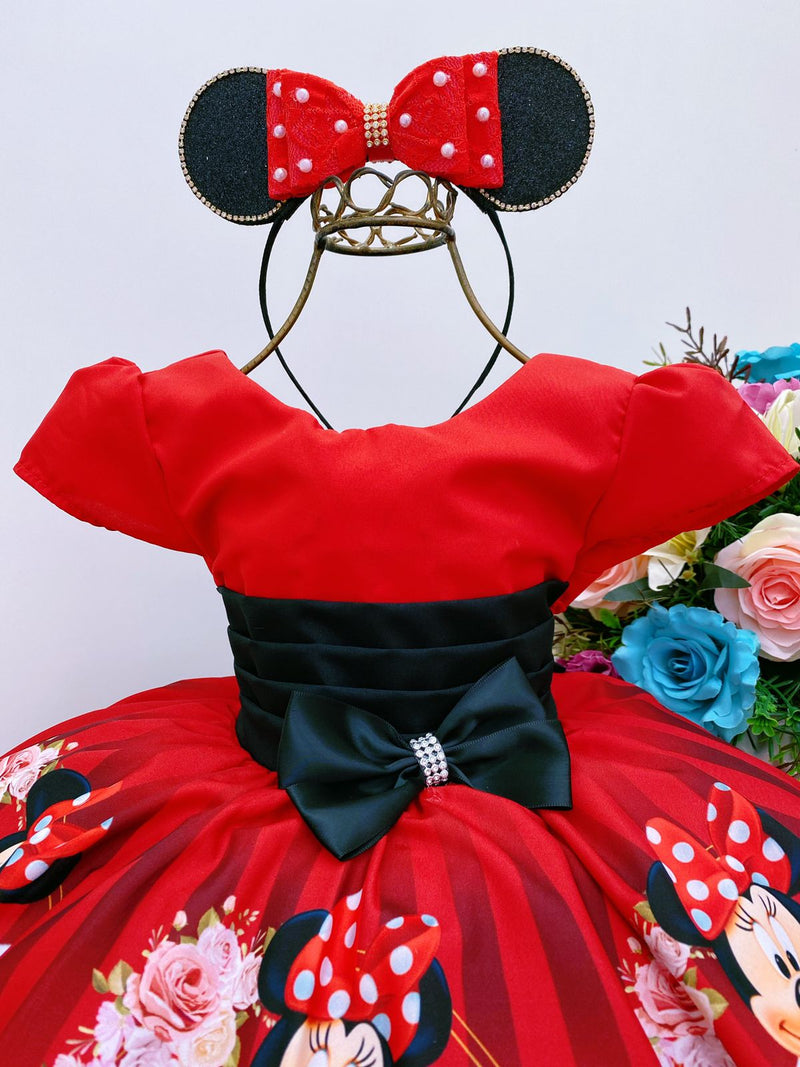 Vestido Infantil Minnie Vermelha Cinto Preto Strass Luxo