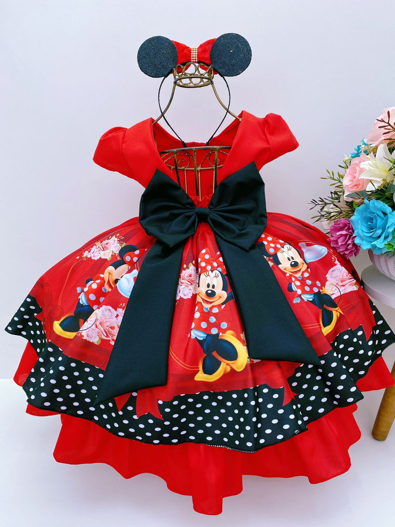 Vestido Infantil Minnie Vermelha Cinto Preto Strass Luxo