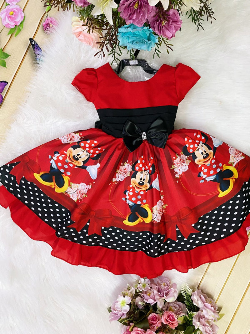 Vestido Infantil Minnie Vermelha Cinto Preto Strass Luxo