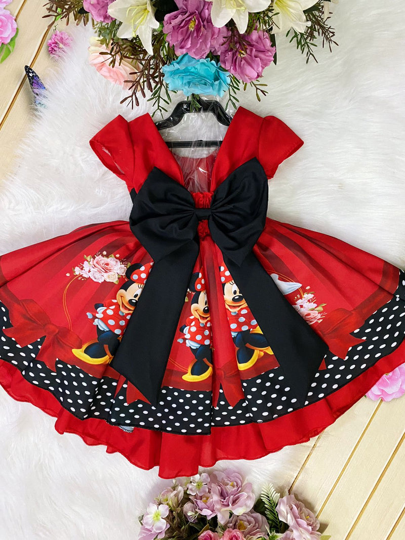 Vestido Infantil Minnie Vermelha Cinto Preto Strass Luxo