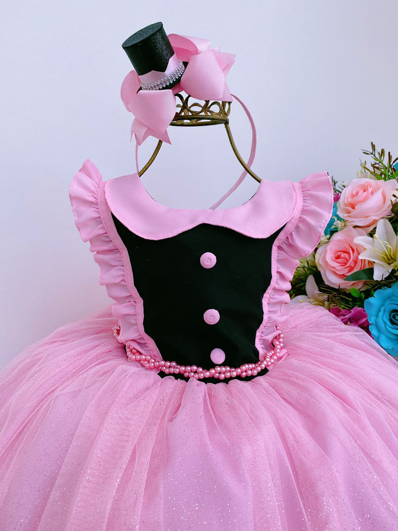 Vestido Infantil Mundo Bita Rosa e Preto Brilho Com Tiara