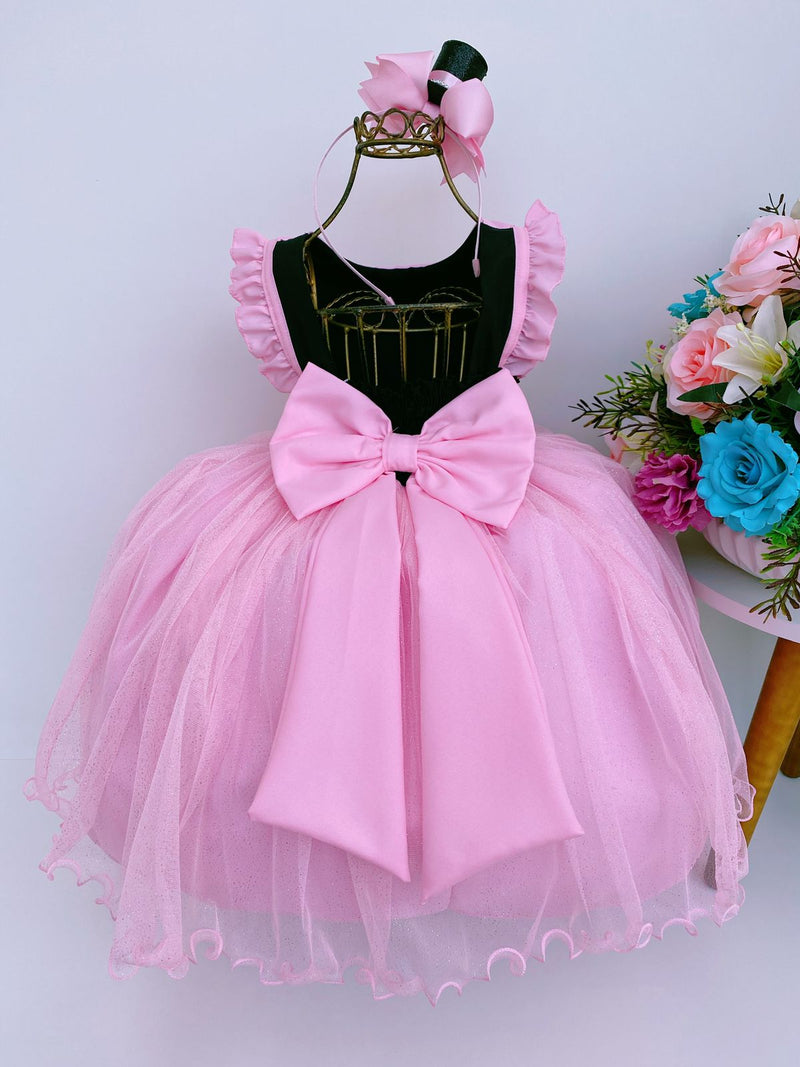 Vestido Infantil Mundo Bita Rosa e Preto Brilho Com Tiara