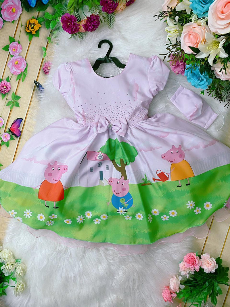 Vestido Infantil Peppa Pig Rosa Strass S/ Máscara Luxo (1556PP)